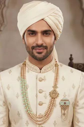   groom sherwani necklace moti mala layered for wedding | groom mala with brooch set