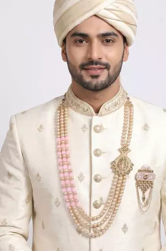   groom sherwani necklace moti mala layered for wedding | groom mala with brooch set