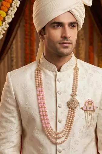   groom sherwani necklace moti mala layered for wedding | groom mala with brooch set