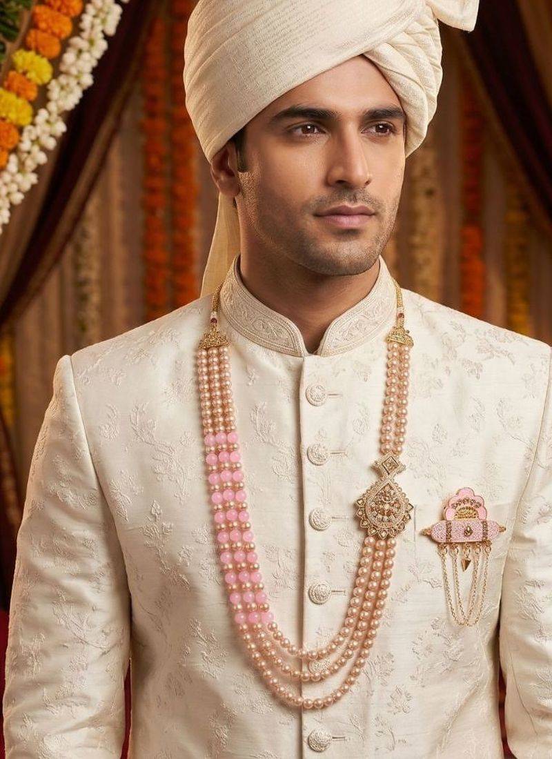   groom sherwani necklace moti mala layered for wedding | groom mala with brooch set