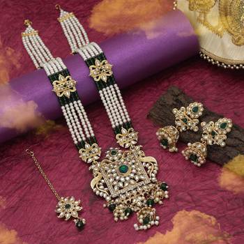 Green color long kundan necklace set 1