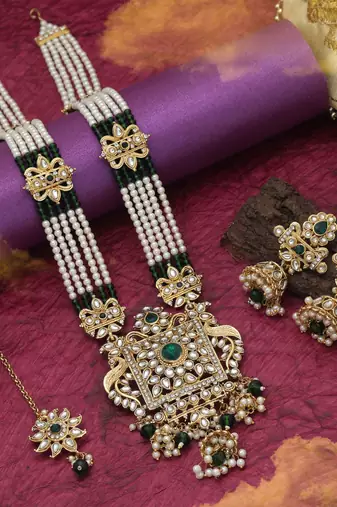 Green color long kundan necklace set