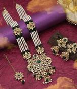 Green color long kundan necklace set