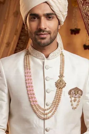   groom sherwani necklace moti mala layered for wedding | groom mala with brooch set