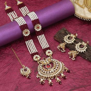 Maroon color long kundan necklace set 1
