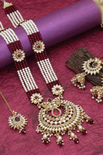 Maroon color long kundan necklace set