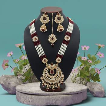 Maroon color long kundan necklace set 2