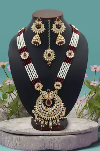 Maroon color long kundan necklace set