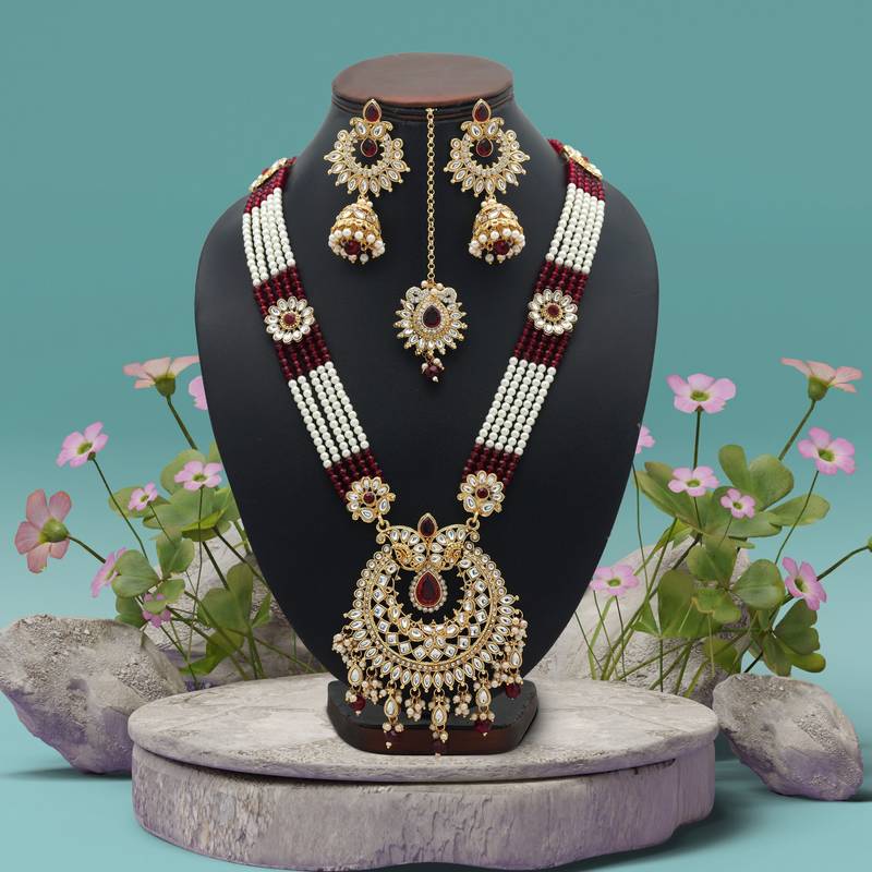 Maroon color long kundan necklace set
