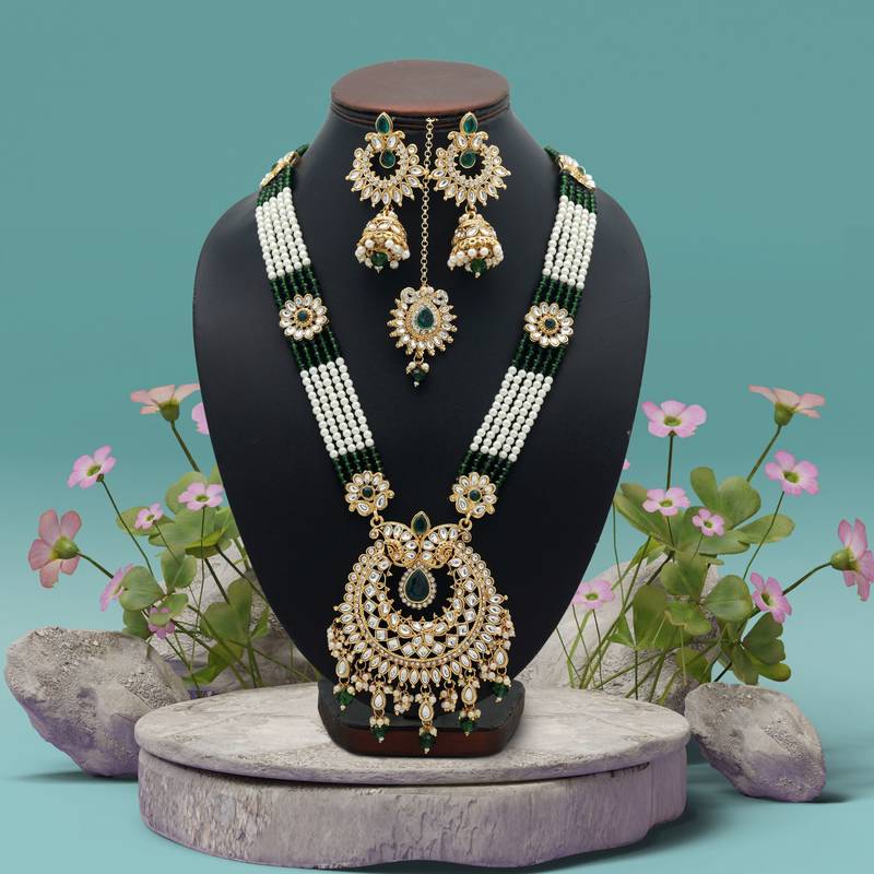 Green color long kundan necklace set