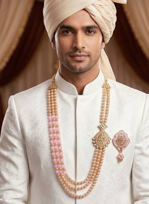   groom sherwani necklace moti mala layered for wedding | groom mala with brooch set 6