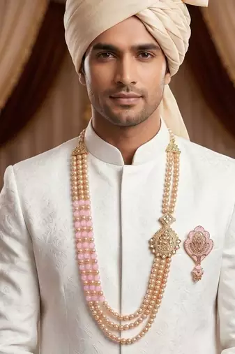   groom sherwani necklace moti mala layered for wedding | groom mala with brooch set