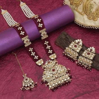 Maroon color long kundan necklace set 1