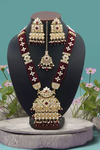 Maroon color long kundan necklace set