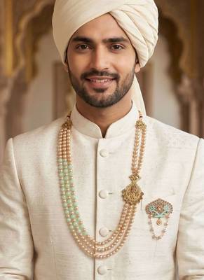   groom sherwani necklace moti mala layered for wedding | groom mala with brooch set 6