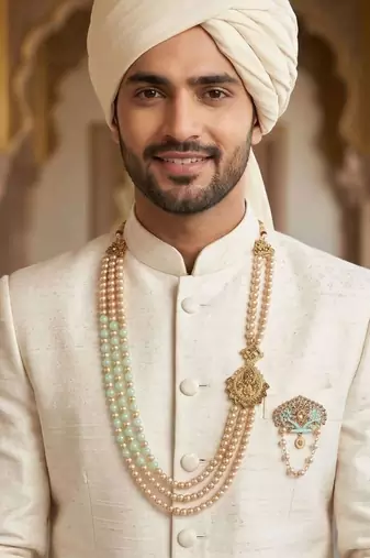   groom sherwani necklace moti mala layered for wedding | groom mala with brooch set