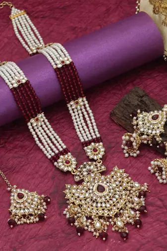 Maroon color long kundan necklace set