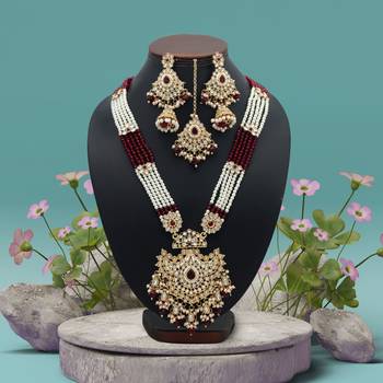 Maroon color long kundan necklace set 2
