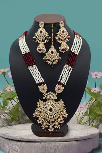 Maroon color long kundan necklace set