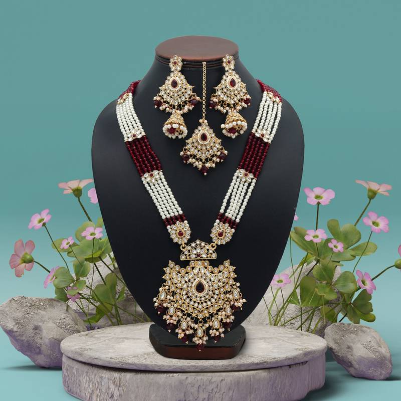 Maroon color long kundan necklace set