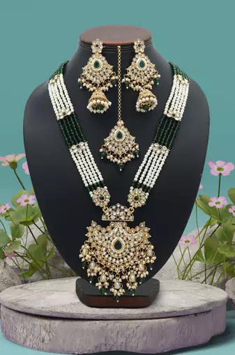 Green color long kundan necklace set