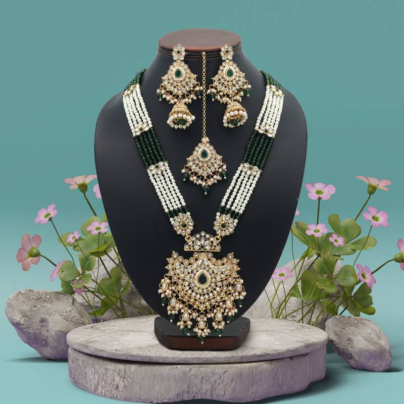 Green color long kundan necklace set