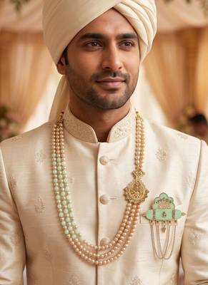   groom sherwani necklace moti mala layered for wedding | groom mala with brooch set 6
