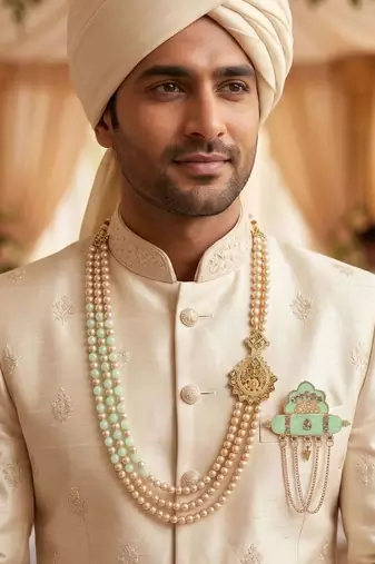   groom sherwani necklace moti mala layered for wedding | groom mala with brooch set