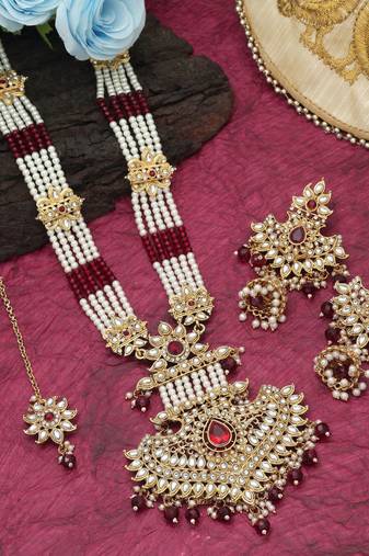 Maroon color long kundan necklace set
