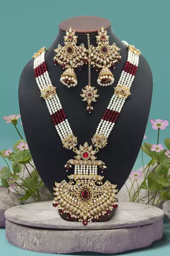 Maroon color long kundan necklace set