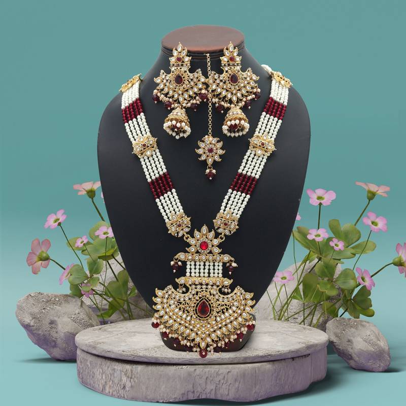 Maroon color long kundan necklace set