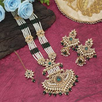 Green color long kundan necklace set 1