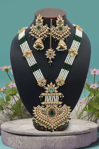 Green color long kundan necklace set
