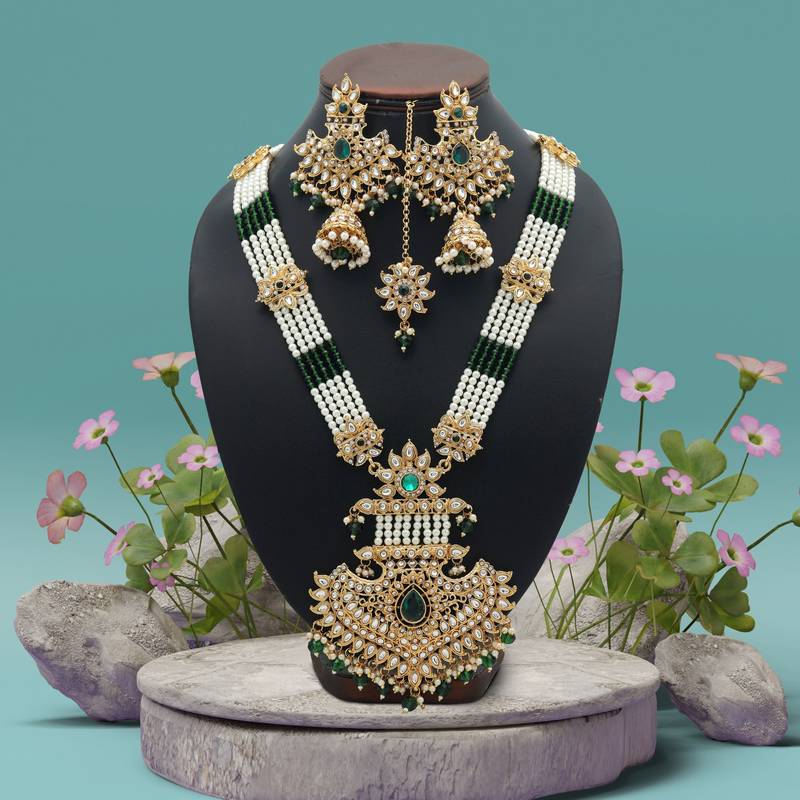 Green color long kundan necklace set