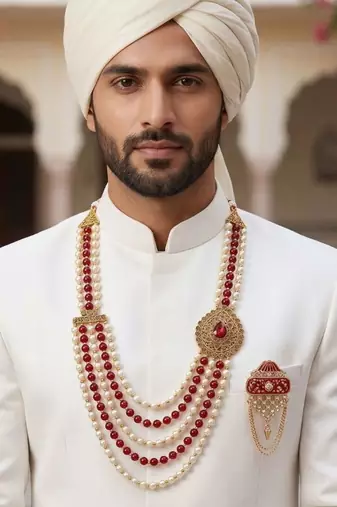   groom sherwani necklace layered moti mala for wedding | groom mala with brooch set