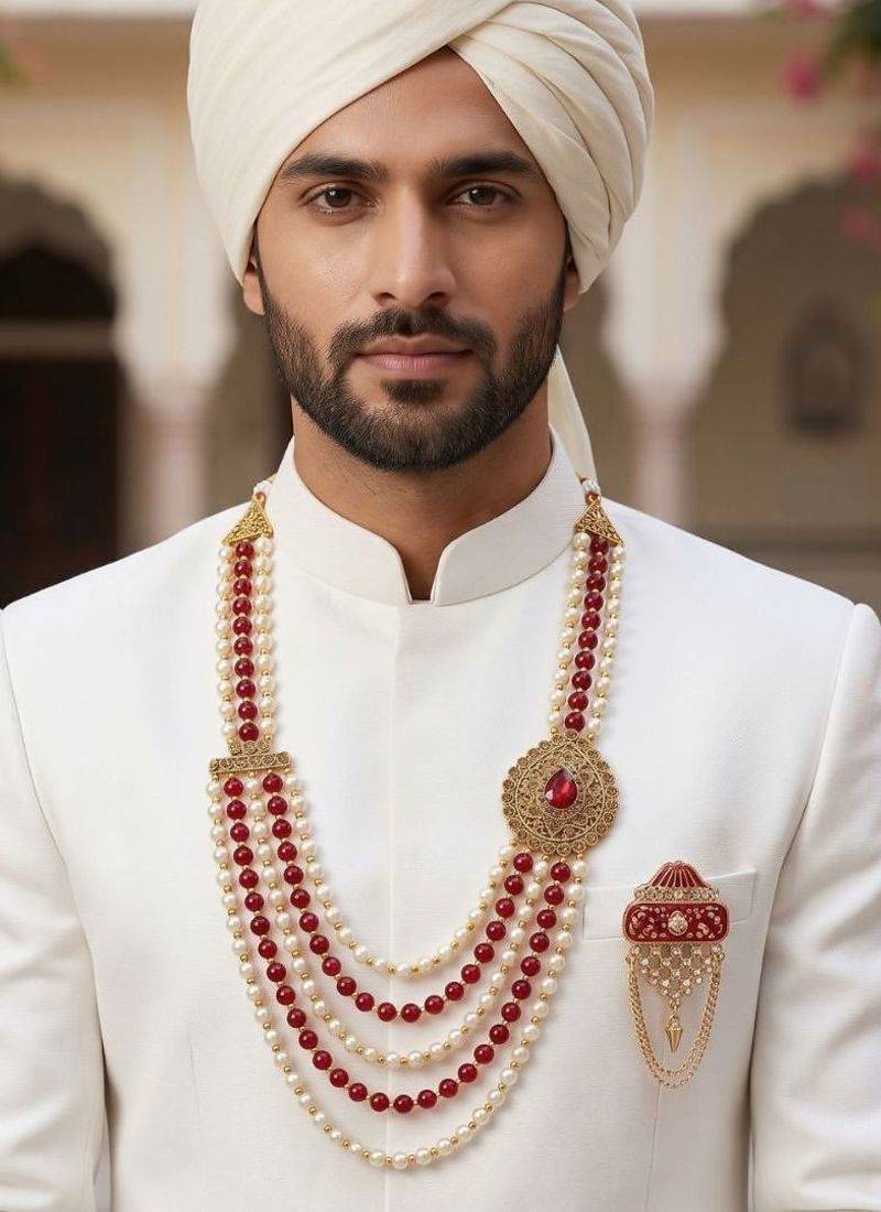   groom sherwani necklace layered moti mala for wedding | groom mala with brooch set