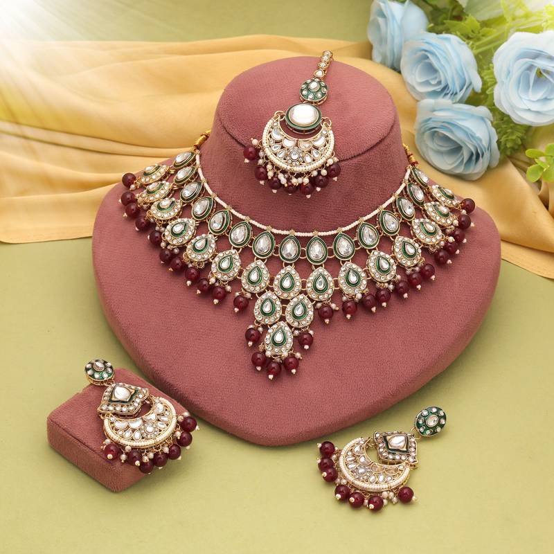 Maroon color kundan necklace set