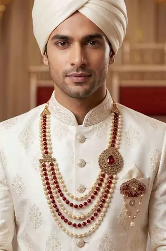   groom sherwani necklace layered moti mala for wedding | groom mala with brooch set