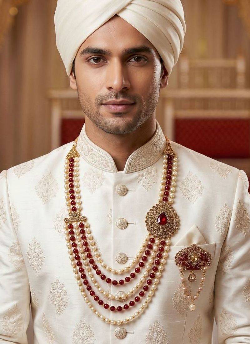   groom sherwani necklace layered moti mala for wedding | groom mala with brooch set