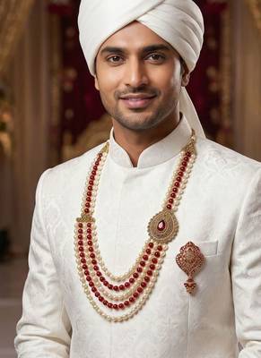   groom sherwani necklace layered moti mala for wedding | groom mala with brooch set 6