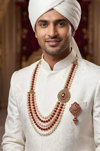   groom sherwani necklace layered moti mala for wedding | groom mala with brooch set