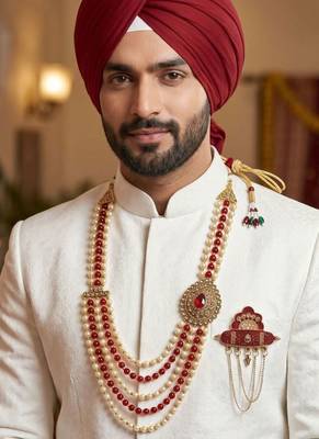   groom sherwani necklace layered moti mala for wedding | groom mala with brooch set 6