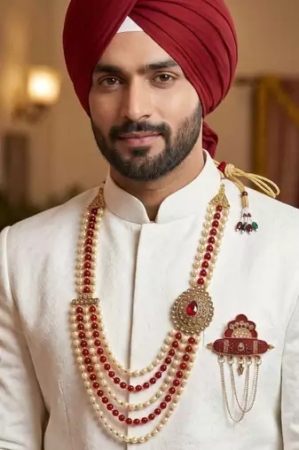   groom sherwani necklace layered moti mala for wedding | groom mala with brooch set