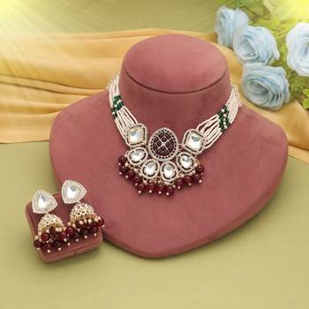 Maroon color choker kundan necklace set 1