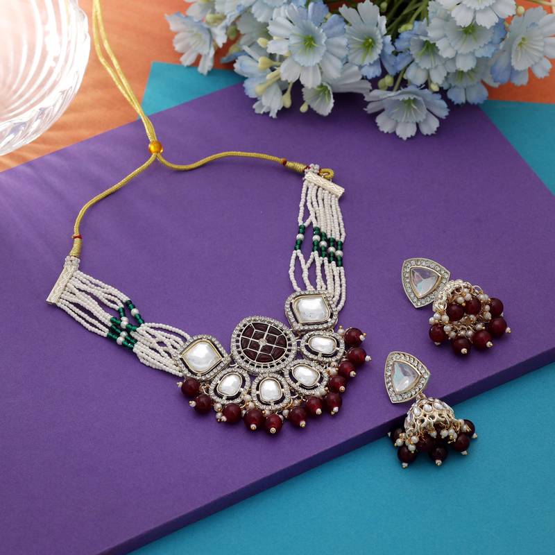 Maroon color choker kundan necklace set