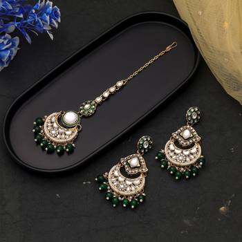 Green color kundan earrings tikka set 2