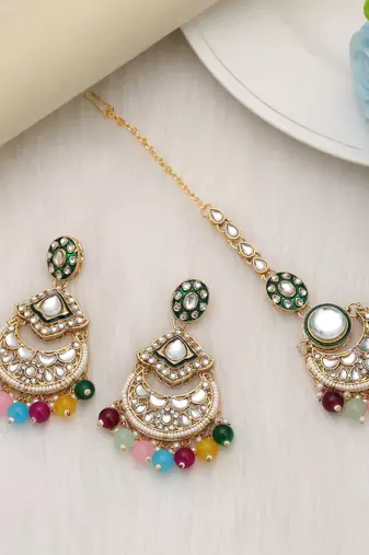 Multi color kundan earrings tikka set