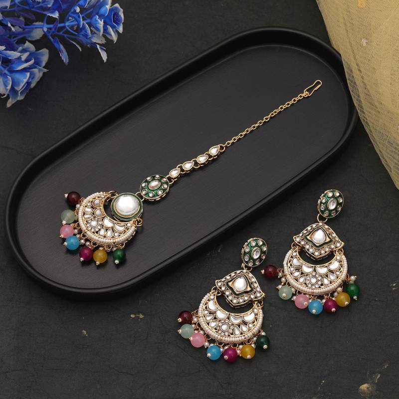 Multi color kundan earrings tikka set