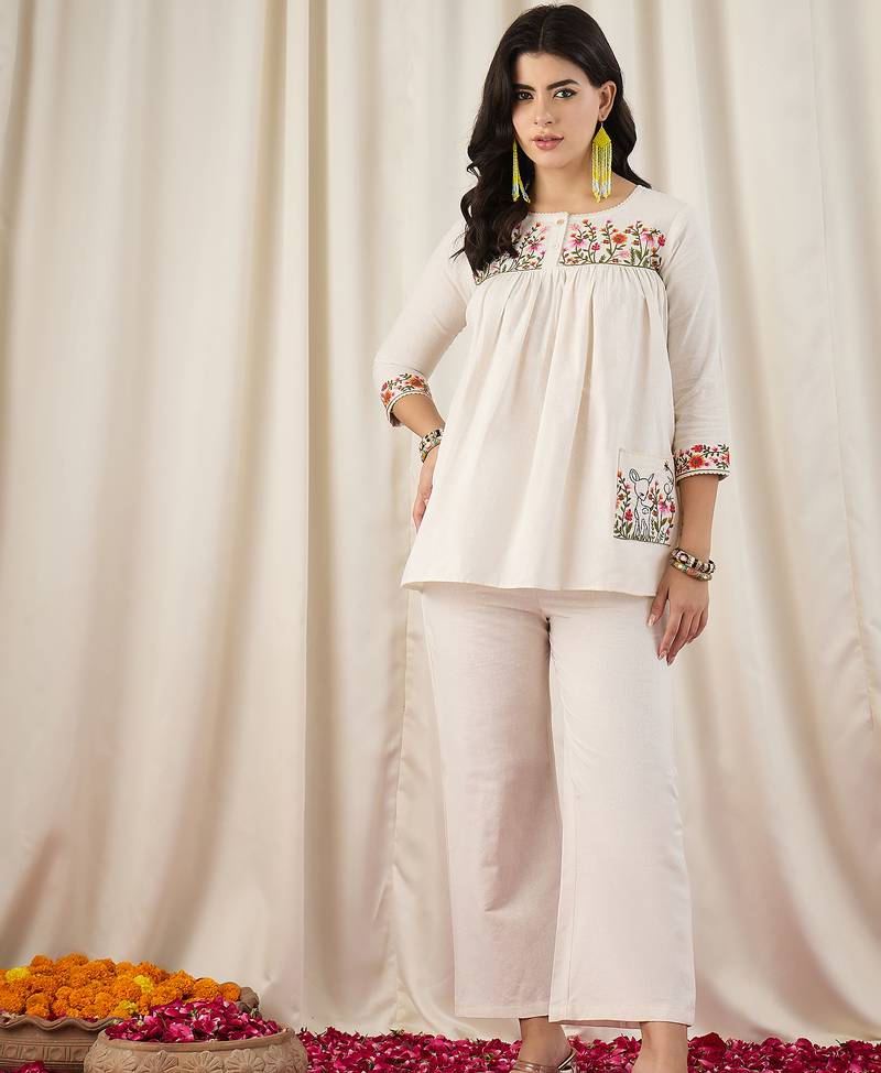 Women's Gorgeous Thread Work Cotton Fabric Straight Kurta Pant Set