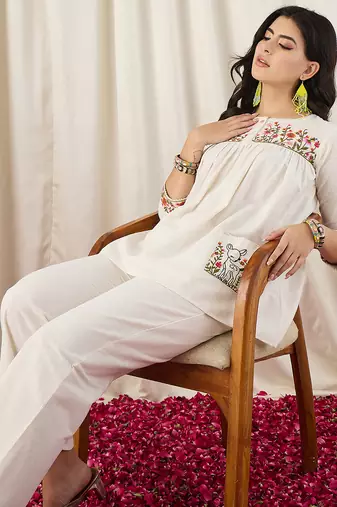 Women's Gorgeous Thread Work Cotton Fabric Straight Kurta Pant Set